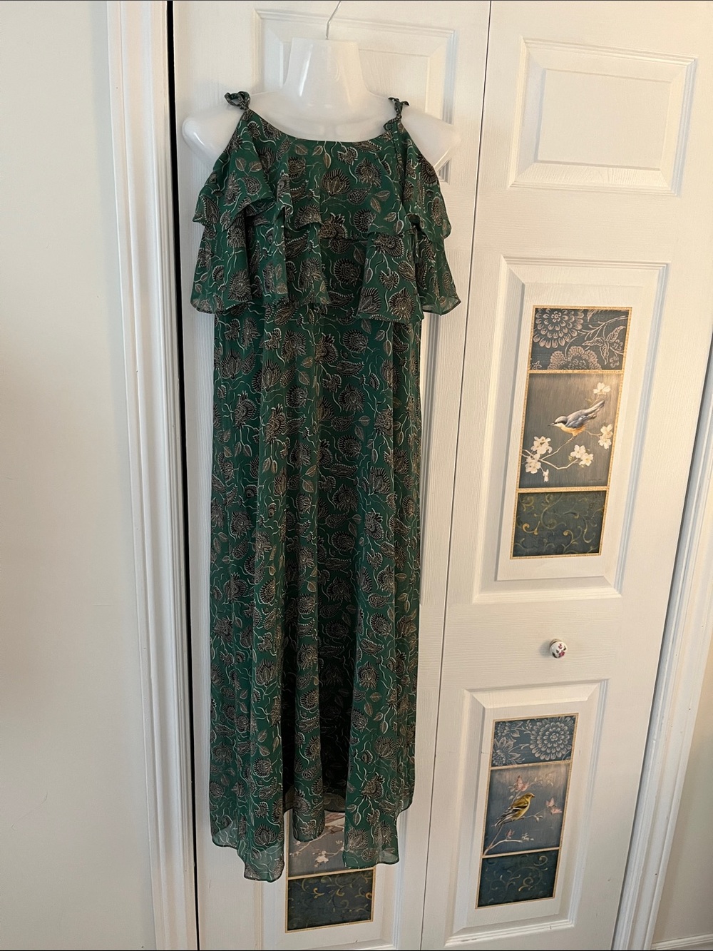 Rebecca Minkoff Green Floral Ruffle Tie-Shoulder Maxi Dress